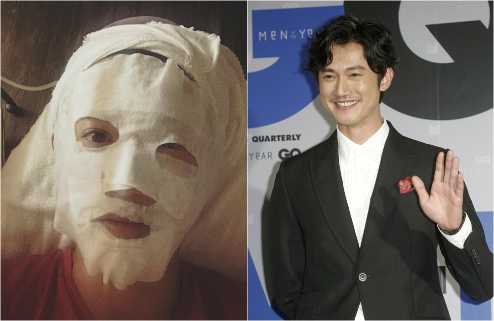 金鐘視帝吳慷仁在臉書放上作完臉後敷面膜的照片。（左圖翻攝吳慷仁粉絲專頁）