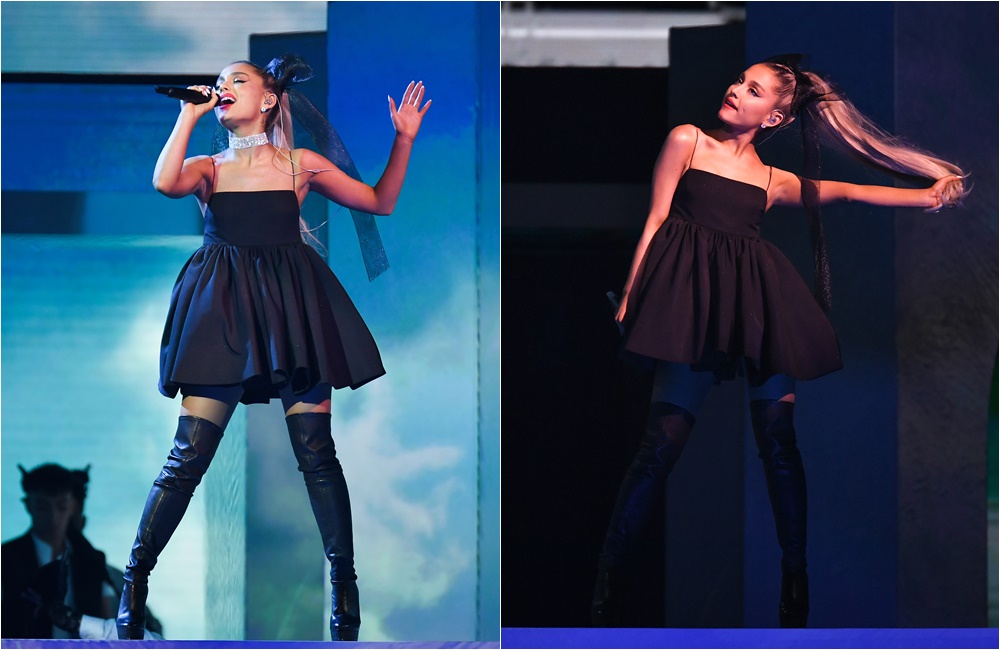 美國24歲小天后亞莉安娜在告示牌音樂獎的表演中，脖子上的鑽石項鍊不翼而飛。（東方IC）