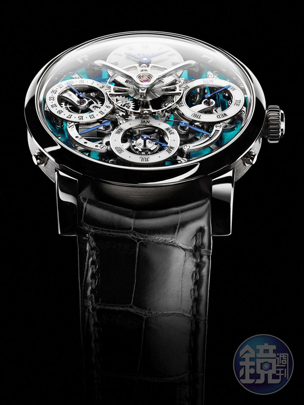 《Legacy Machine Perpetual》2015年面世的「Legacy Machine Perpetual」,今年首度發表鈦金屬材質版本,並採用艷麗的綠色面盤。腕錶的鏤空面盤可一窺完整的複雜功能以及懸浮平衡擺輪,懸掛式擺輪與機芯背面的擒縱機構相連結,並造就出世界上最長的擺輪軸心。 功能:時間顯示;萬年曆/機芯:手上鏈機芯/建議售價:約NT$4,972,000 (限量50只)