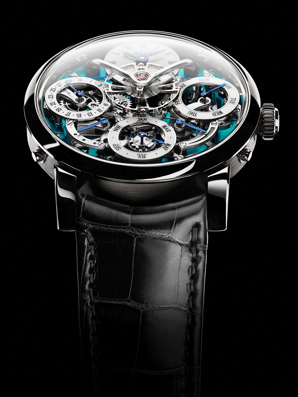 《Legacy Machine Perpetual》2015年面世的「Legacy Machine Perpetual」,今年首度發表鈦金屬材質版本,並採用艷麗的綠色面盤。腕錶的鏤空面盤可一窺完整的複雜功能以及懸浮平衡擺輪,懸掛式擺輪與機芯背面的擒縱機構相連結,並造就出世界上最長的擺輪軸心。 功能:時間顯示;萬年曆/機芯:手上鏈機芯/建議售價:約NT$4,972,000 (限量50只)