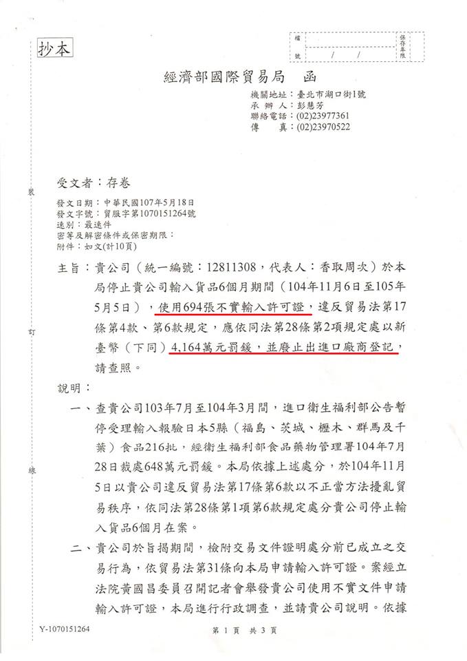 大創因使用694張不實輸入許可證，被經濟部國貿局裁罰4164萬元，並且廢止出進口廠商登記。（翻攝自立委黃國昌臉書）