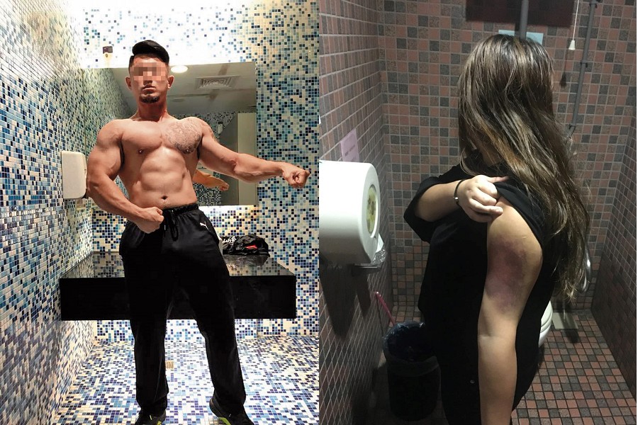 朱嫌（左）熱愛健身，還曾是「館長」的員工，但一身肌肉竟被來殺害女友，還遭爆曾對妻子（右）家暴，「打她頭灌她肚子」導致妻子重傷。（翻攝畫面）