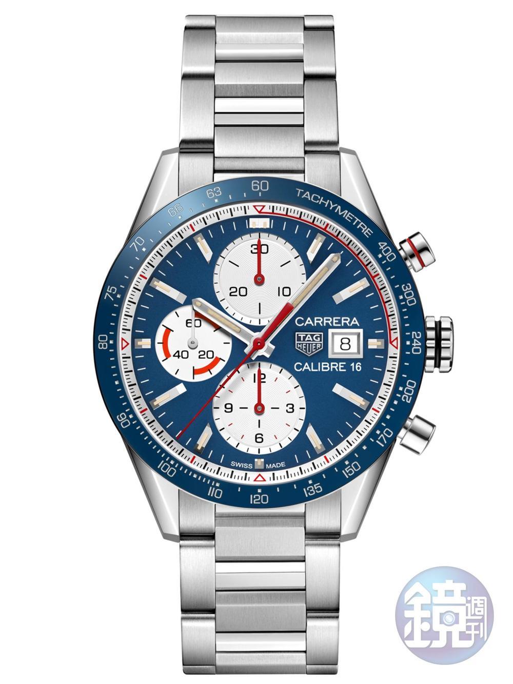 《Carrera Calibre 16》滿溢復古氣息的經典設計,三個白色計時盤在配備白色60秒刻度內錶圈的面盤上顯得尤為突出;小秒盤位於9時位置,分鐘盤位於12時位置,6時位置設有小時盤;錶圈以藍色陶瓷材質打造,並帶有賽車計時碼錶不可或缺的Tachymetre測速儀。功能:時間顯示;計時碼錶/機芯:自動上鍊機芯/建議售價:約NT$146,400