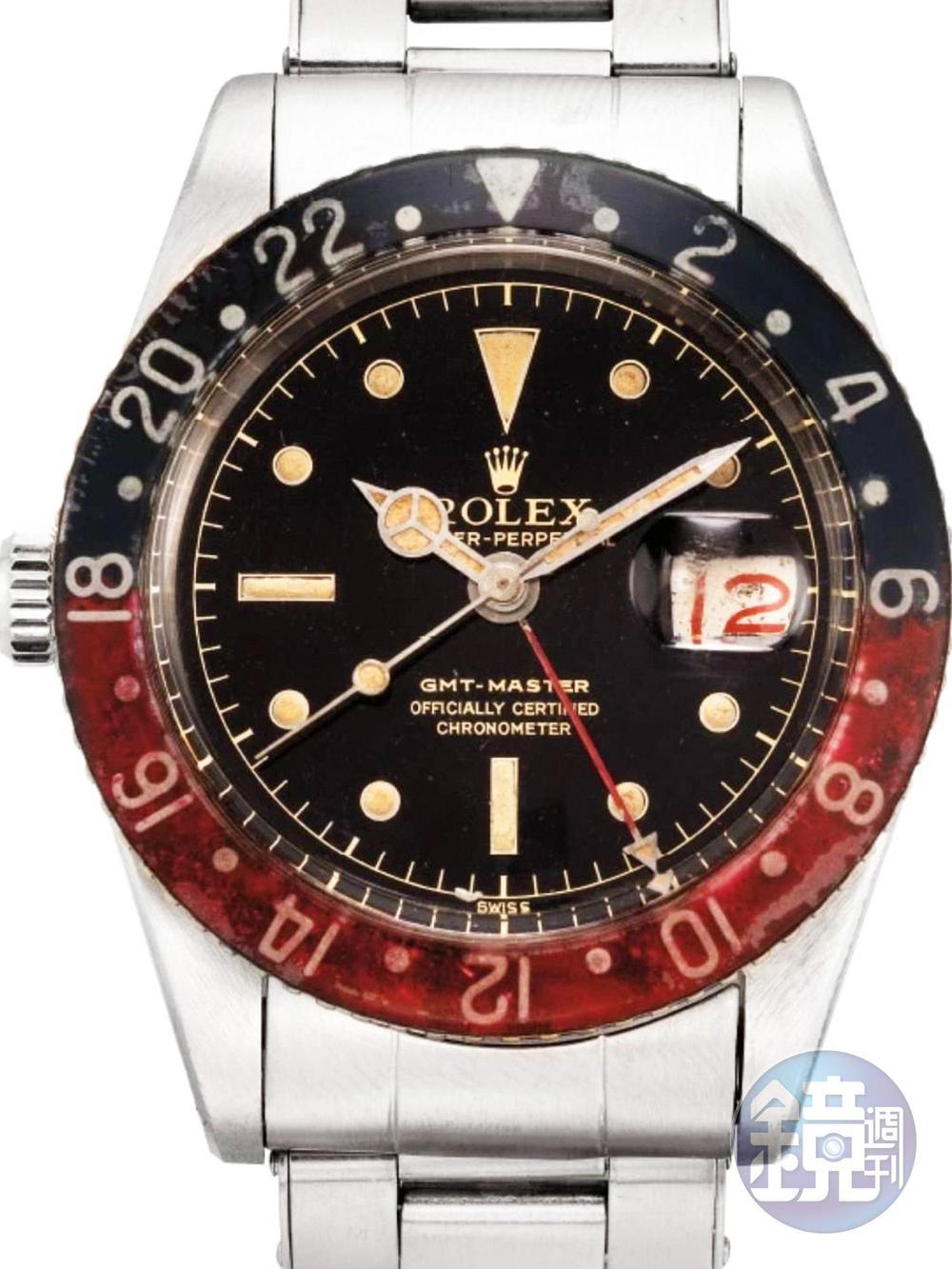 Lot 952，Rolex GMT-Master 6542腕錶，產於1959年，估價64~96萬港幣，含佣價為212.5萬港幣（約807萬台幣）。此錶為左撇子版GMT-Master 6542首次現身拍賣會，且易碎的膠質Bakelite錶圈保存狀況良好，故拍得高出估價兩倍以上的金額。