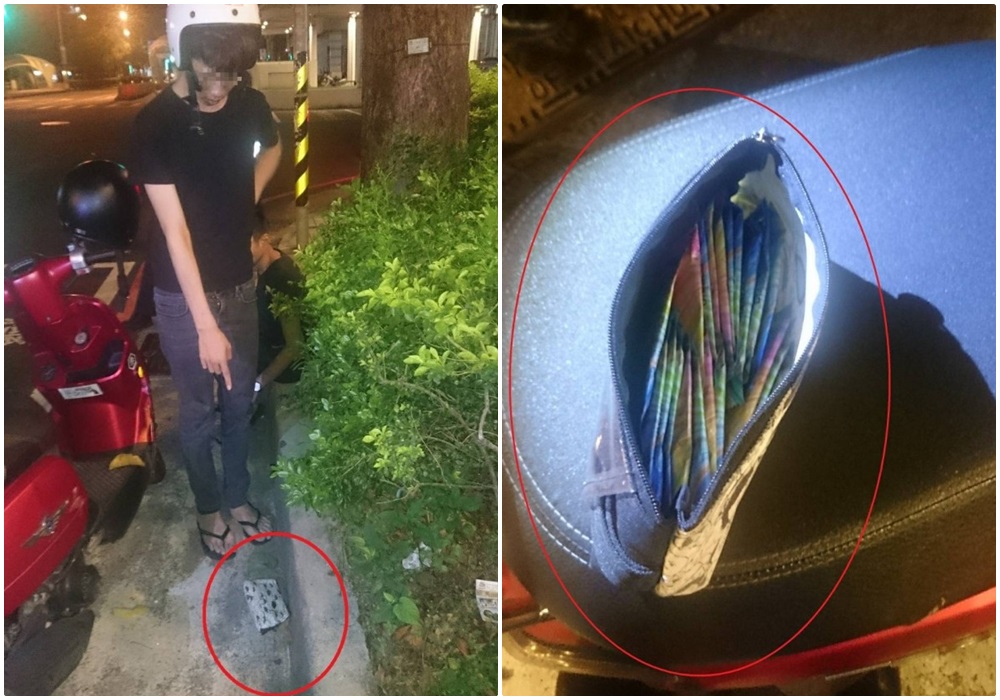 黃男將毒品放在皮包裡企圖丟包，不料遭警方查獲，共有22包毒咖啡。（警方提供）