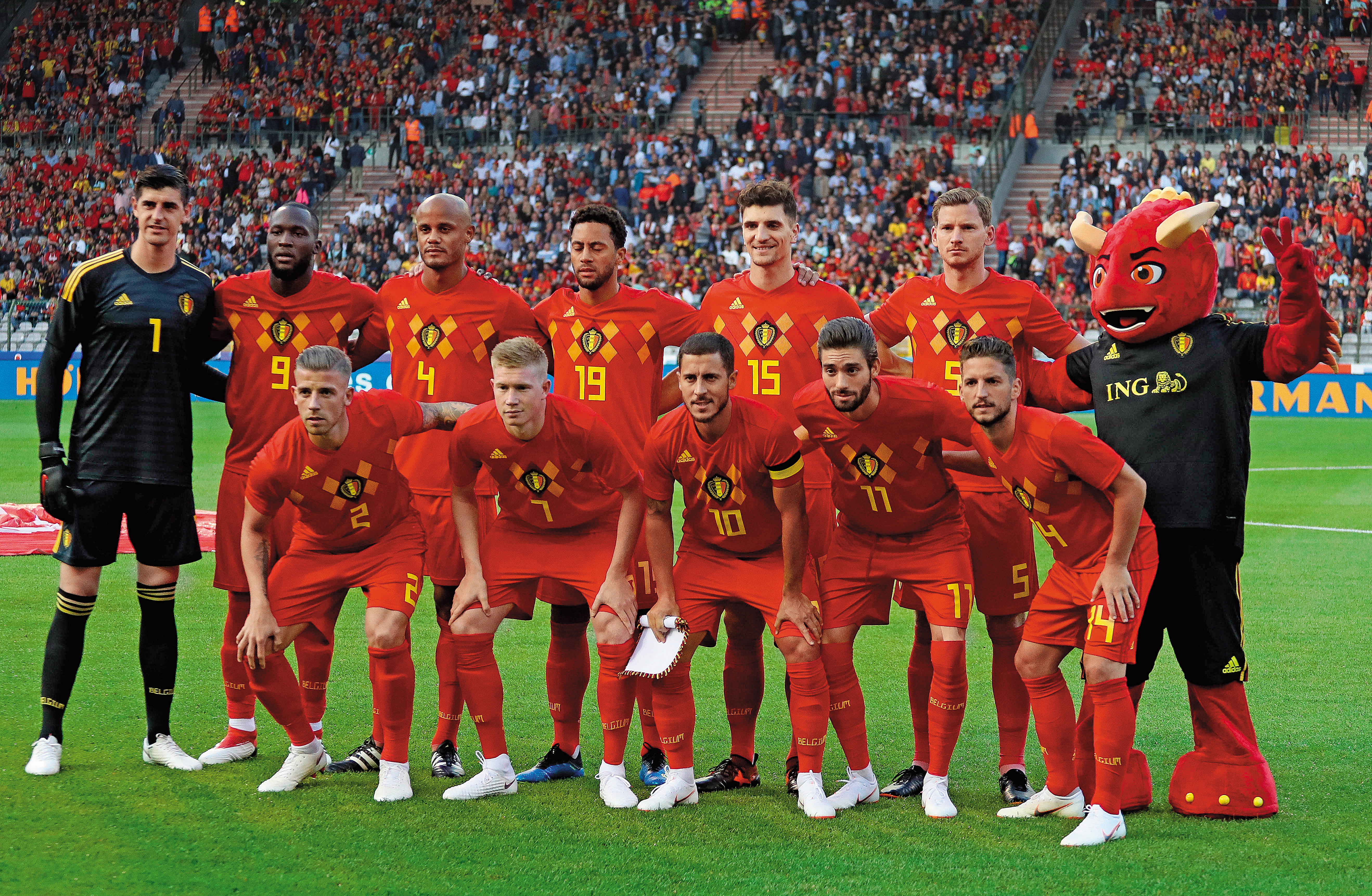 隔北海相望的比利時與英格蘭，宛如雙胞胎，都有大批出身英超的高身價年輕球星。圖為比利時隊。（東方IC）