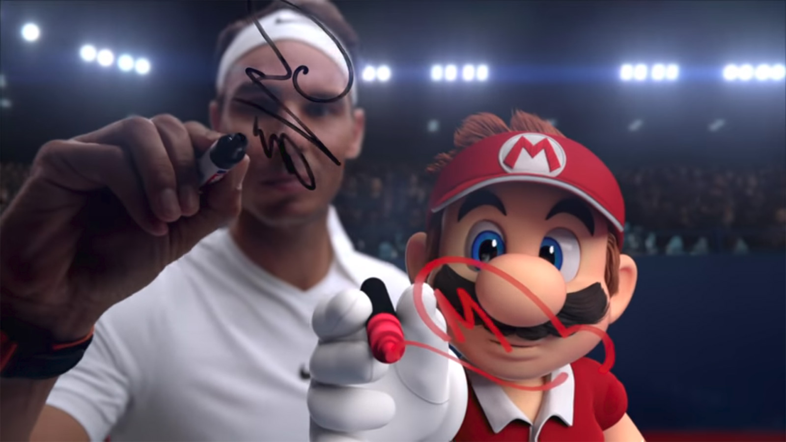 瑪利歐與納達爾同框，替任天堂大作《瑪利歐網球 王牌高手》拍攝宣傳片。（翻攝自Youtube）