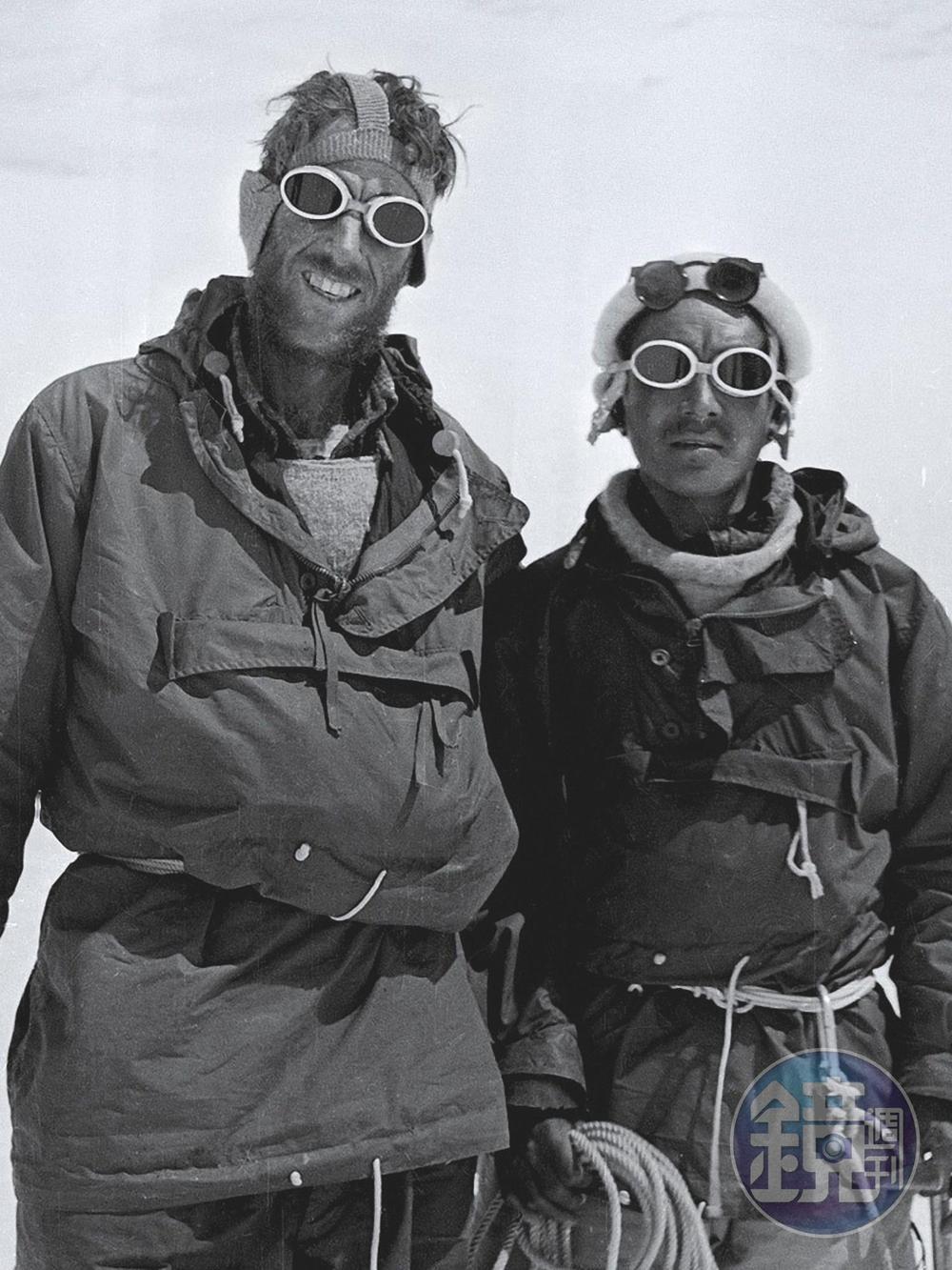 紐西蘭探險家Edmund Hillary 和尼泊爾雪巴人Tenzing Norgay組成的英國探險隊,首次成功登上世界最高峰。
