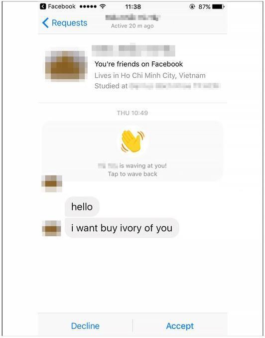 臉書的通訊(Messenger)功能,成了非法野生動物交易愛用的平台。(截圖自Wired)