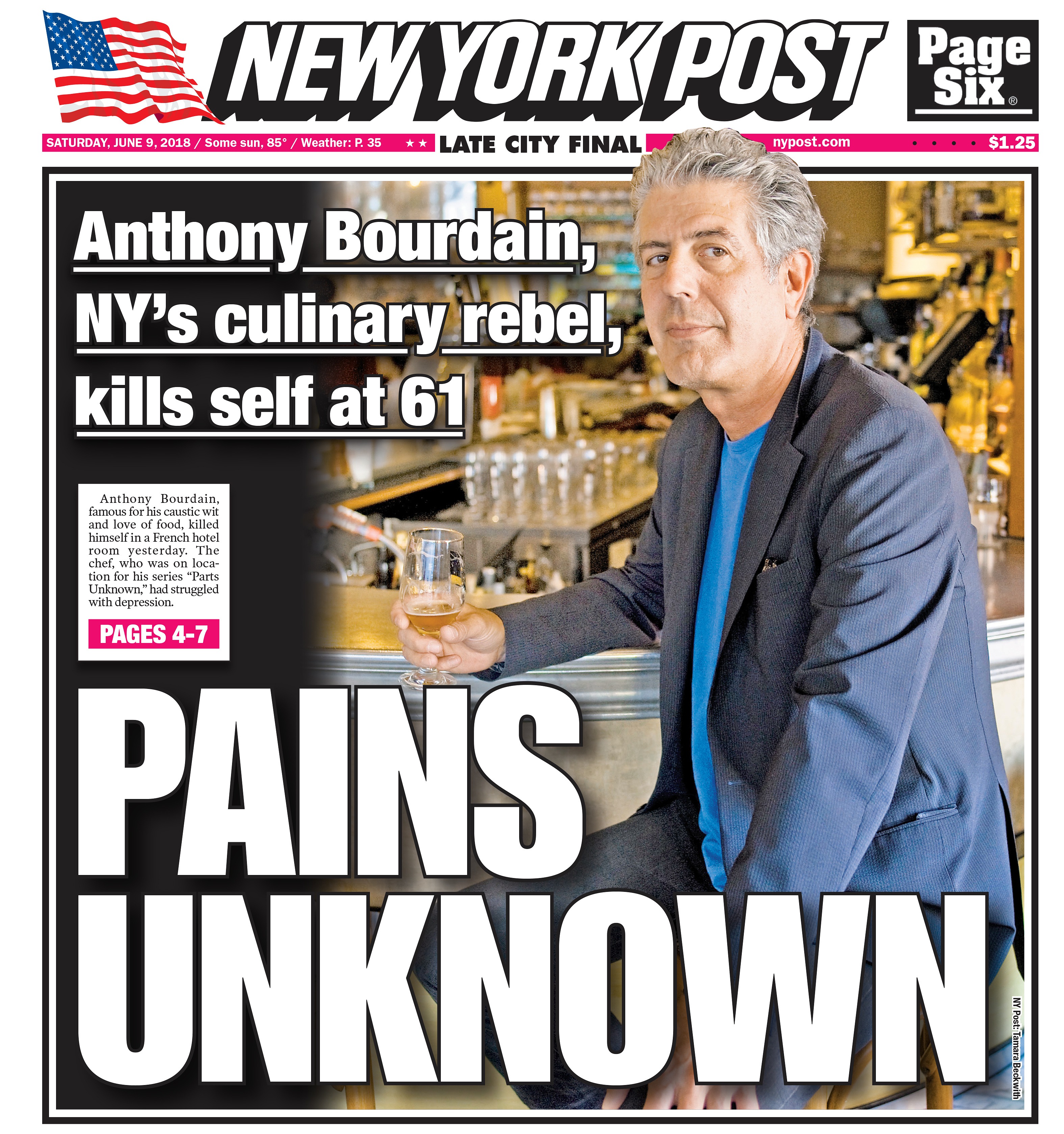 紐約郵報以頭版報導了知名主廚兼節目主持人安東尼波頓的死訊。(東方IC)