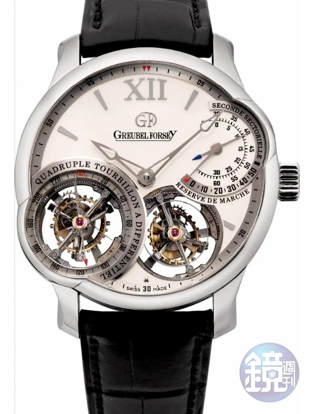 Lot 832，GREUBEL FORSEY Quadruple Tourbillon鉑金四體陀飛輪腕錶，產於2009年，估價100~150萬港幣，含佣價為280萬港幣（約1,064萬台幣）。傾斜陀飛輪是品牌的拿手絕活，此錶以在雙陀飛輪架構上再增加一組陀飛輪，成為四陀飛輪腕錶，除運作時視覺效果迷人外，亦強調準度，每日誤差可控制在2.5秒內。