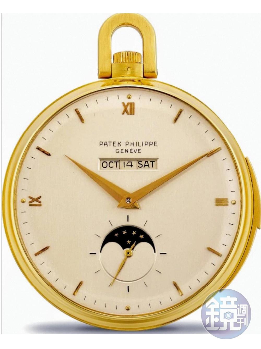 Lot 847，PATEK PHILIPPE Ref.699三問萬年曆懷錶，產於1955年，估價54.5~80萬港幣，含佣價為85萬港幣（約323萬台幣）。懷錶不適合日常生活佩戴、實用性較低，並非市場主流，否則相同功能的PATEK PHILIPPE腕錶要價至少上看千萬台幣。