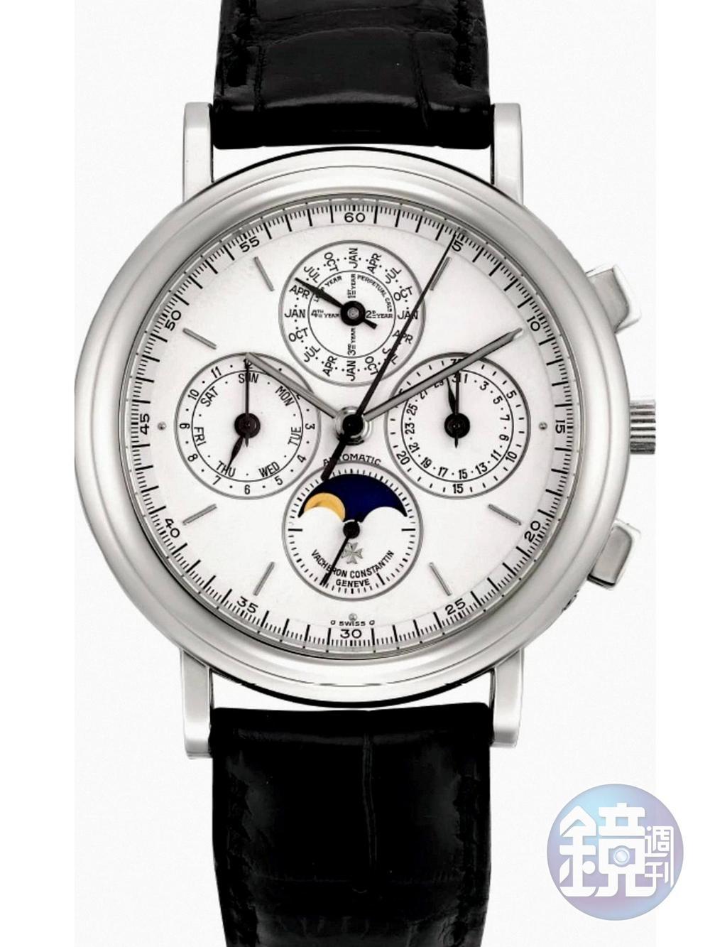Lot 972，VACHERON CONSTANTIN鉑金萬年曆計時碼錶，產於1993年，估價17.5~32萬港幣，含佣價為20.625萬港幣（約78萬台幣）。同樣是一線品牌，PP功能與材質相仿的3970系列萬年曆計時碼錶要價至少3、4倍，只能說委屈VACHERON CONSTANTIN了！