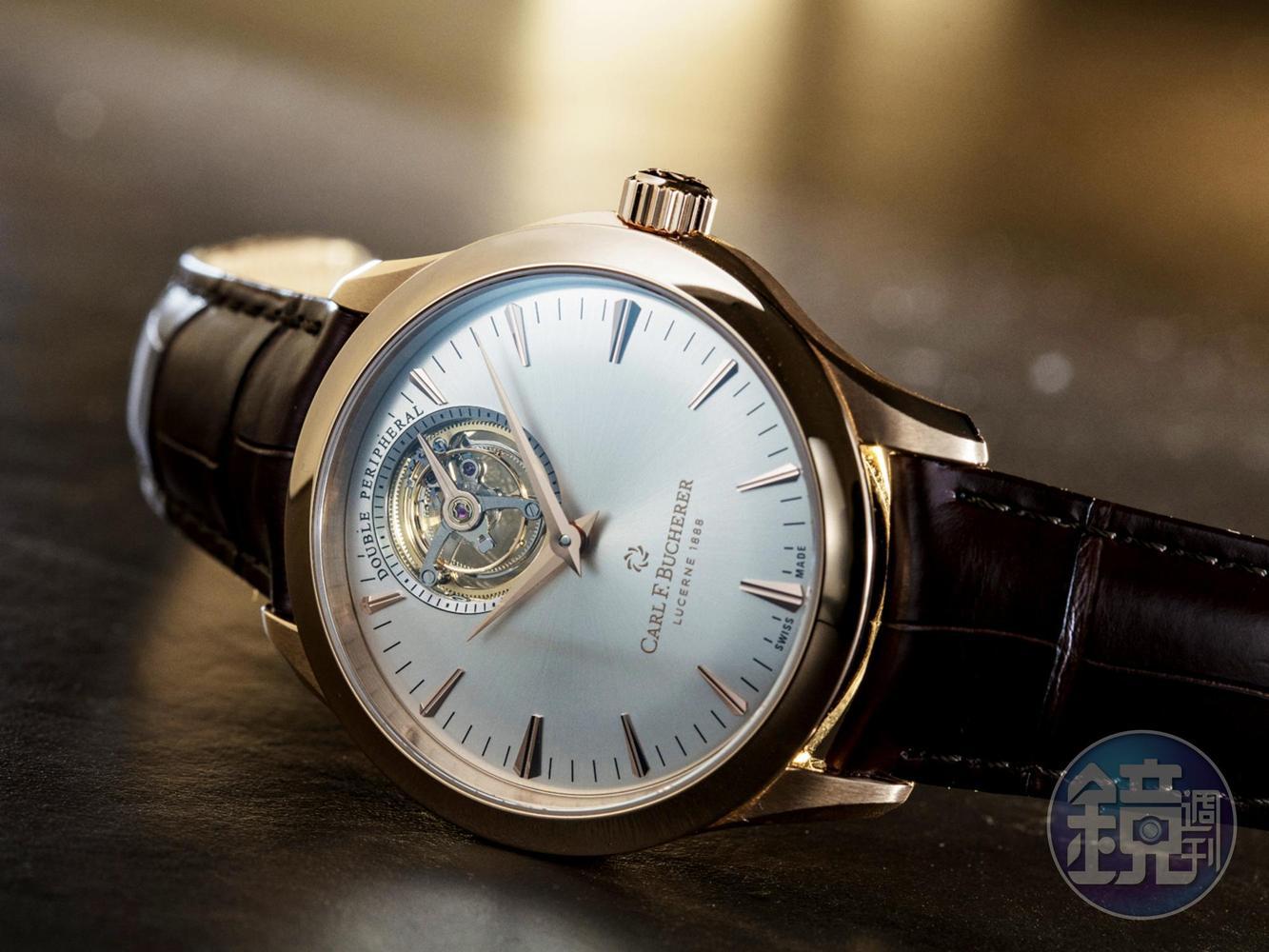 《Manero Tourbillon DoublePeripheral》CFB T3000自動上鏈機芯/18K玫瑰金材質/時、分、秒指示/可停秒陀飛輪/鱷魚皮錶帶/防水30米/建議售價:NT$1,980,000