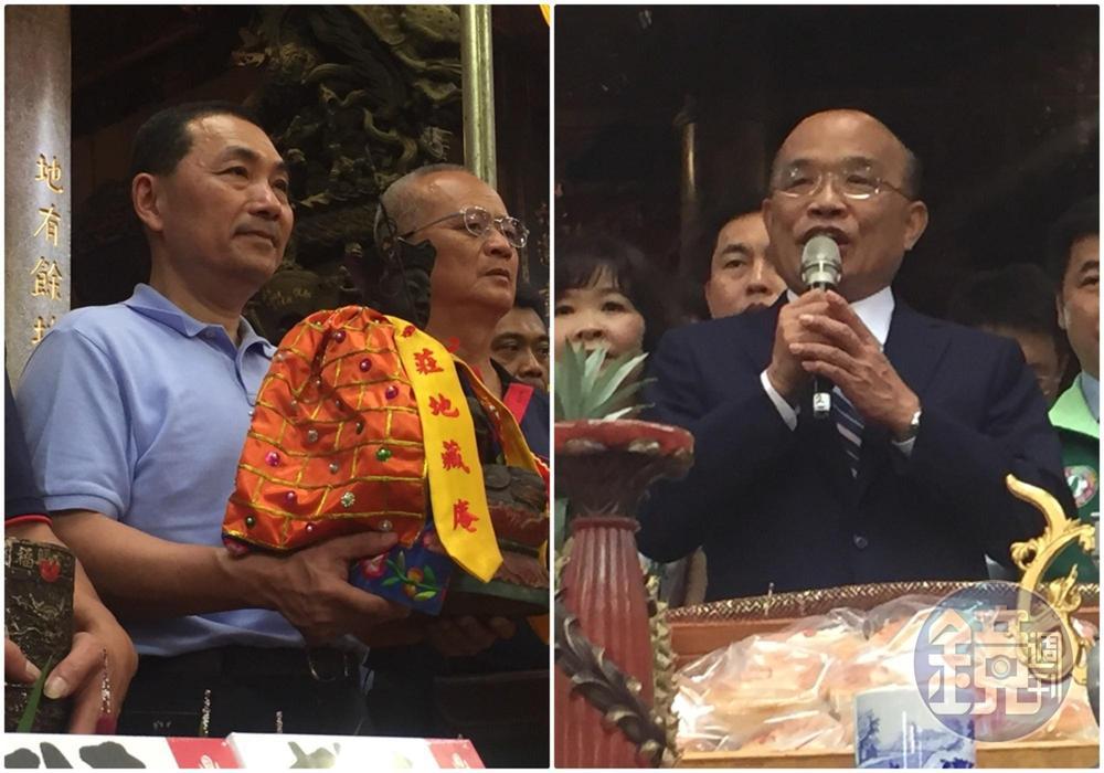 侯友宜(左圖)參加大眾廟祭典,為大眾爺迎神上轎,而蘇貞昌(右圖)則是今中午到大眾廟參拜。