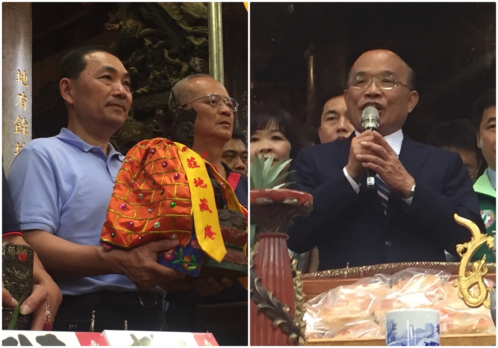 侯友宜（左圖）參加大眾廟祭典，為大眾爺迎神上轎，而蘇貞昌（右圖）則是今中午到大眾廟參拜。