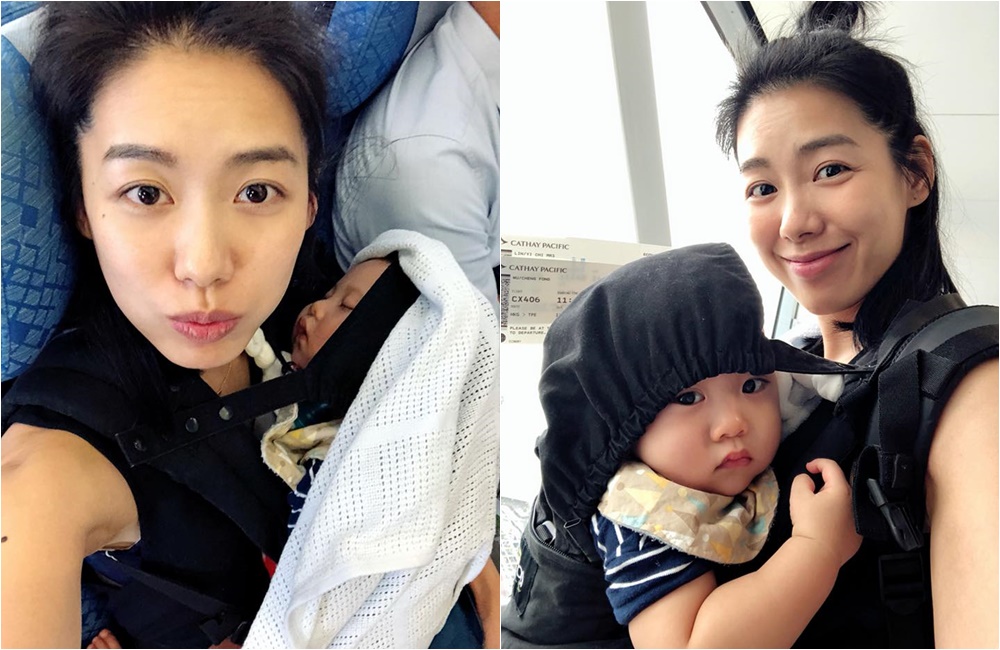 老公還在香港工作，林可彤只好獨自帶兒子Adam 返回台灣，幸好寶寶很乖，機上都在睡覺。（翻攝林可彤臉書）