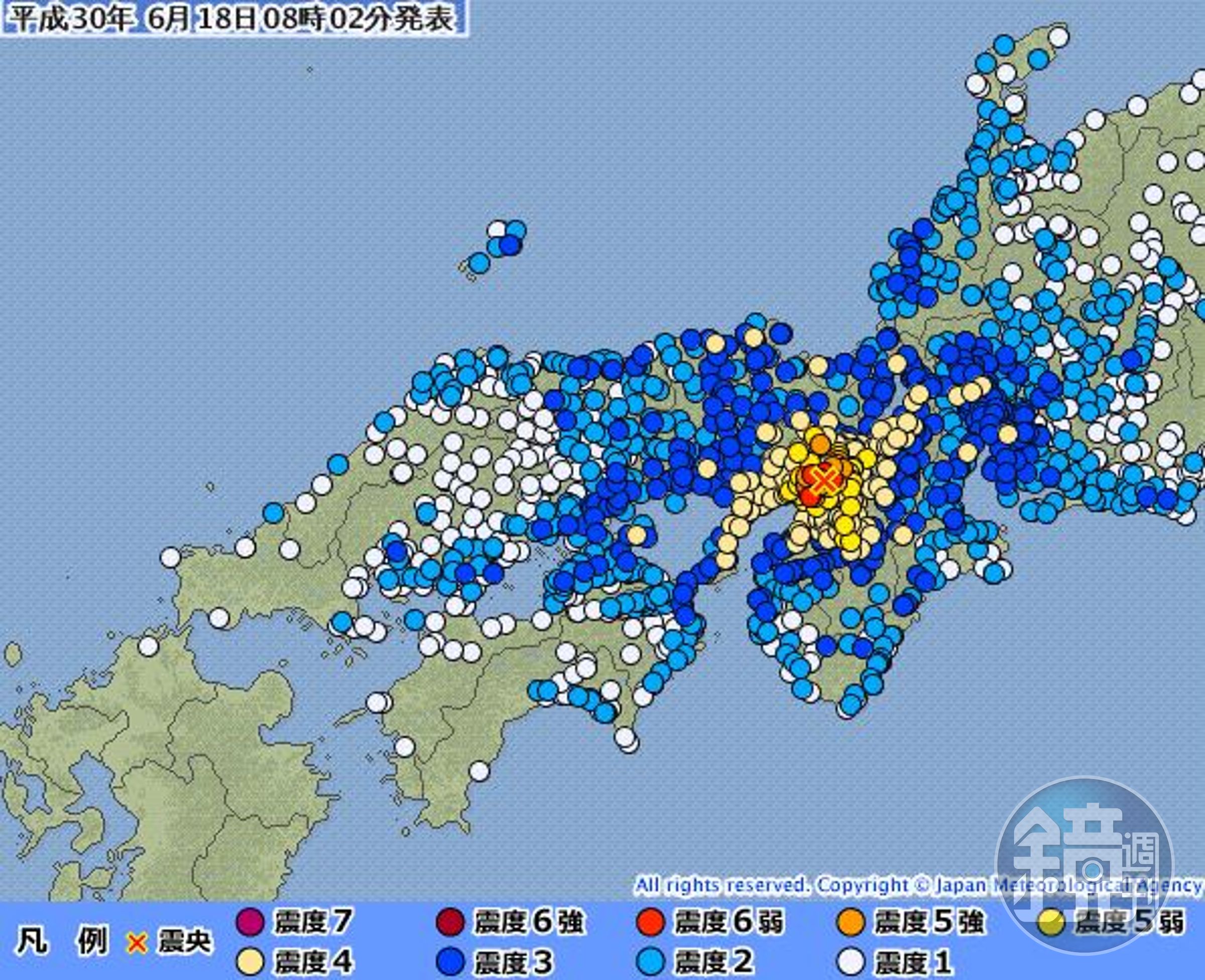 日本大阪北部發生6級強震，已釀2死、數十人受傷。（翻攝自日本氣象廳）