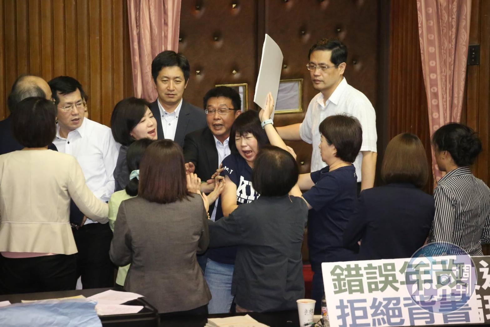 藍委林麗蟬被綠委陳賴素美拉扯，林發出尖叫。