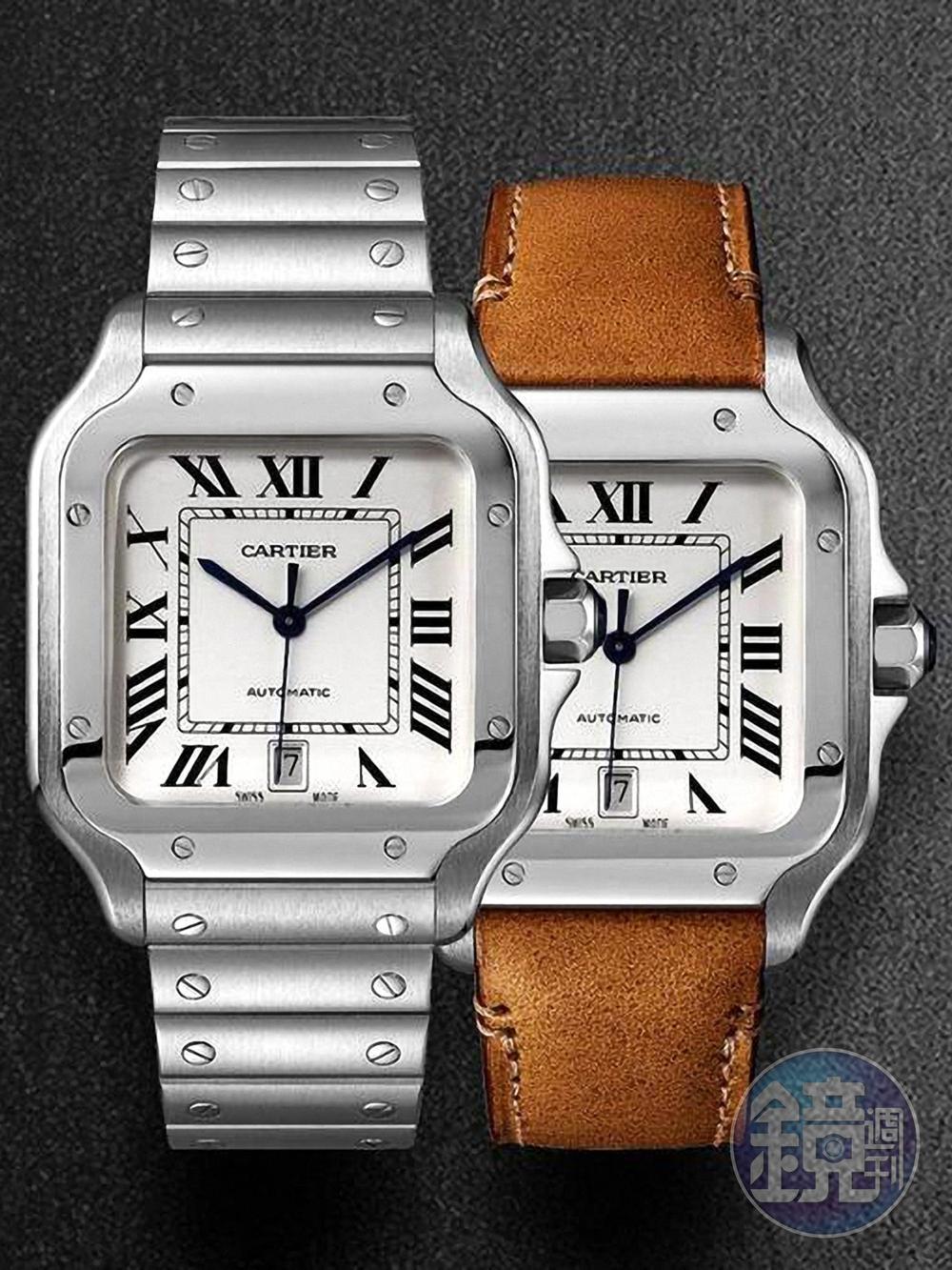 《CARTIER Santos de Cartier》已經有100多年歷史的經典Santos山度士錶款，今年有了全新面貌。身形更薄，錶殼錶圈的線條與細節更加流暢。同時，卡地亞還為它設計了專利的快拆錶帶結構，可以自行更換金屬鏈帶或是皮革帶，甚至還可以自行拆下金屬鏈節去調整錶帶長度，讓這款Santos可以應付生活中所有正式晚宴或休閒運動的各種場合。 功能：時間指示；日曆顯示/機芯：自動上鏈機芯/售價：約NT$217,000（大型款）；NT$197,000（中型款）