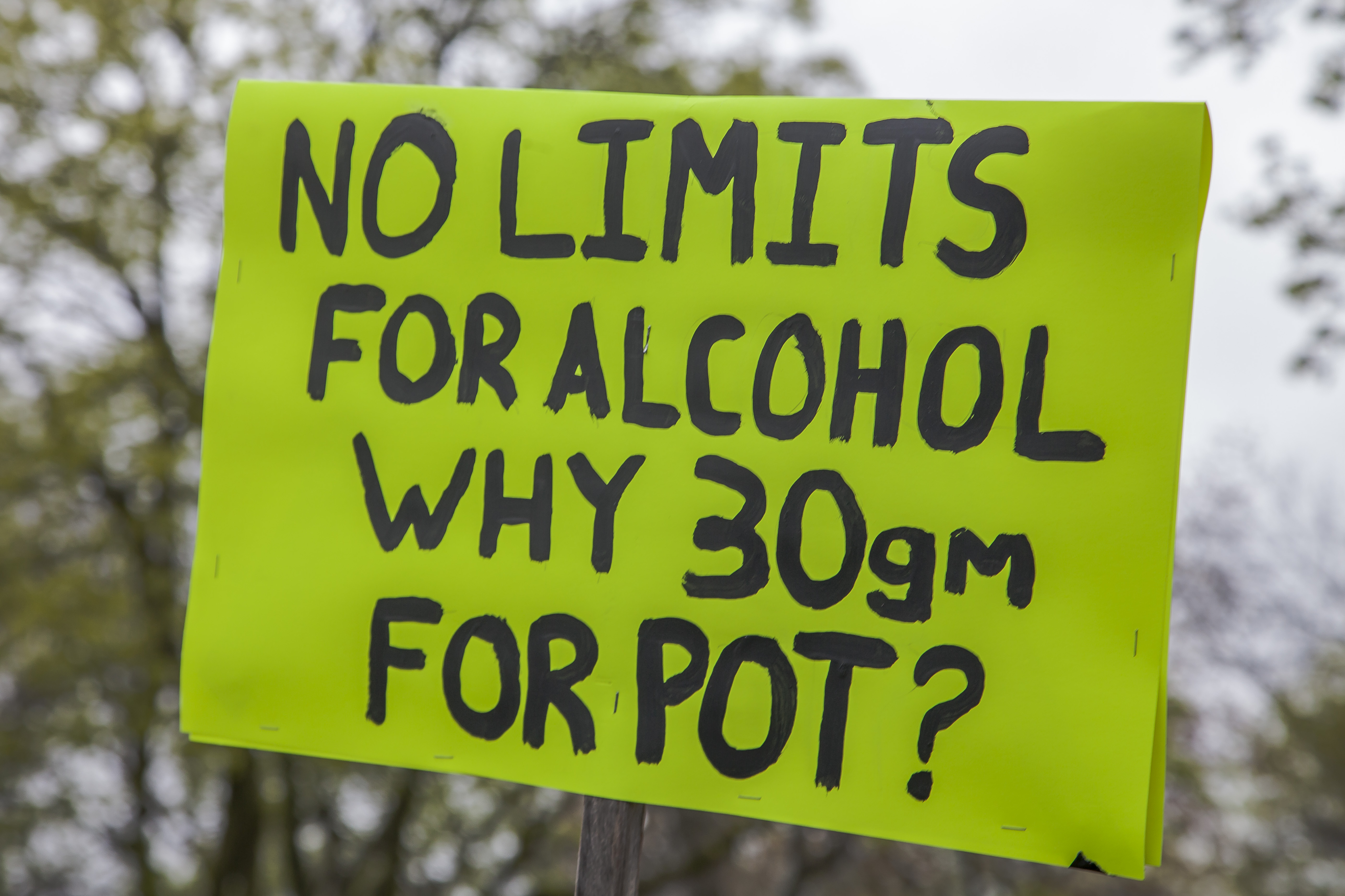 支持大麻合法的遊行民眾中，有人舉著標語質問：「酒精沒設限，為什麼30克的大麻（犯法）？」（東方IC）