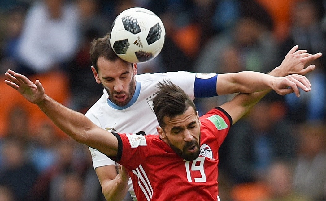 睽違28年後，埃及隊再次闖入32強，卻在分組賽的第二戰以0比1輸給烏拉圭後衛吉曼尼茲的這記頭槌。（東方IC）