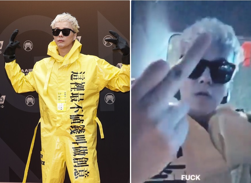  廖人帥走紅毯服裝就已經火力十足，把他去年嗆金曲的名言寫在身上。但廖人帥沒得獎後直接閃人，在計程車上比中指洩恨引起網友酸輸不起。（右圖翻攝自廖人帥臉書）