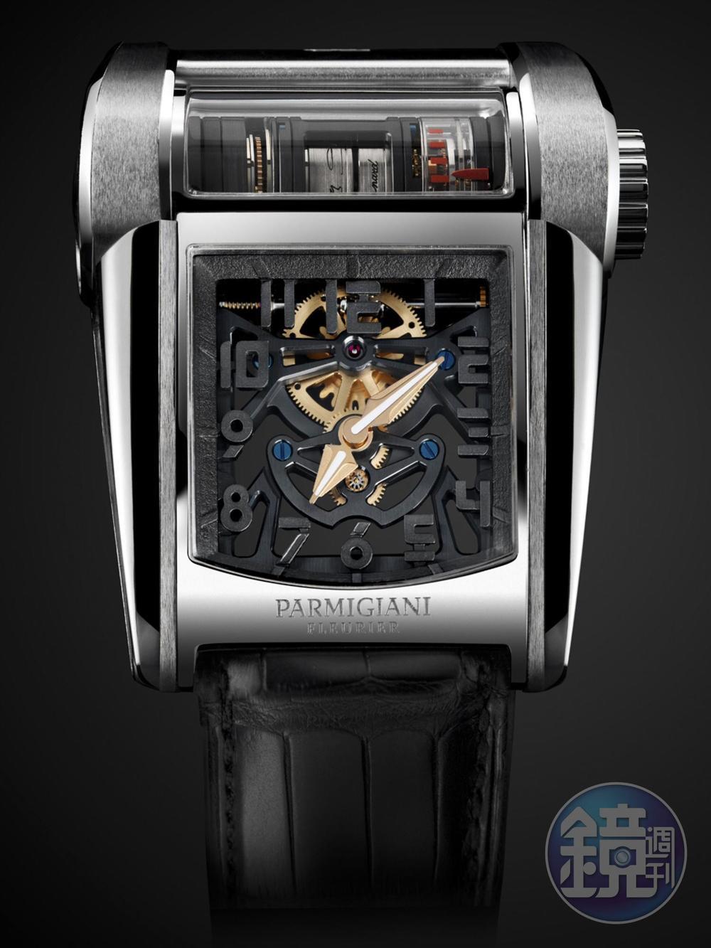 《PARMIGIANI Bugatti Type 390》獨立製錶大師帕瑪強尼與超跑品牌BUGATTI合作的錶款，是錶壇最具特色的設計之一，採用獨家開發的汽缸式機芯，所有輪系橋板採用「筒狀結構」，非常特別。全新的Type 390，機芯搭配二個串聯發條盒提供80小時的動力儲存，並設計了筒狀結構到垂直面盤之間的獨特傳輸結構。這是唯一能與BUGATTI跑車匹配的腕錶。 功能：時、分顯示；陀飛輪/機芯：手上鏈機芯/定價：295,000瑞郎（約台幣875萬元）