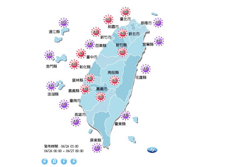 各地紫外線多為過量（紅色）、危險級（紫色），提醒民眾外出記得防曬。
