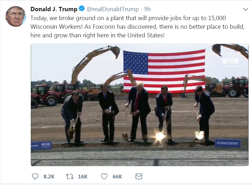 為了宣揚這份100億美元的大投資，川普在出席威州廠動土的前後，都上推特宣揚政績。（翻攝川普Twitter）