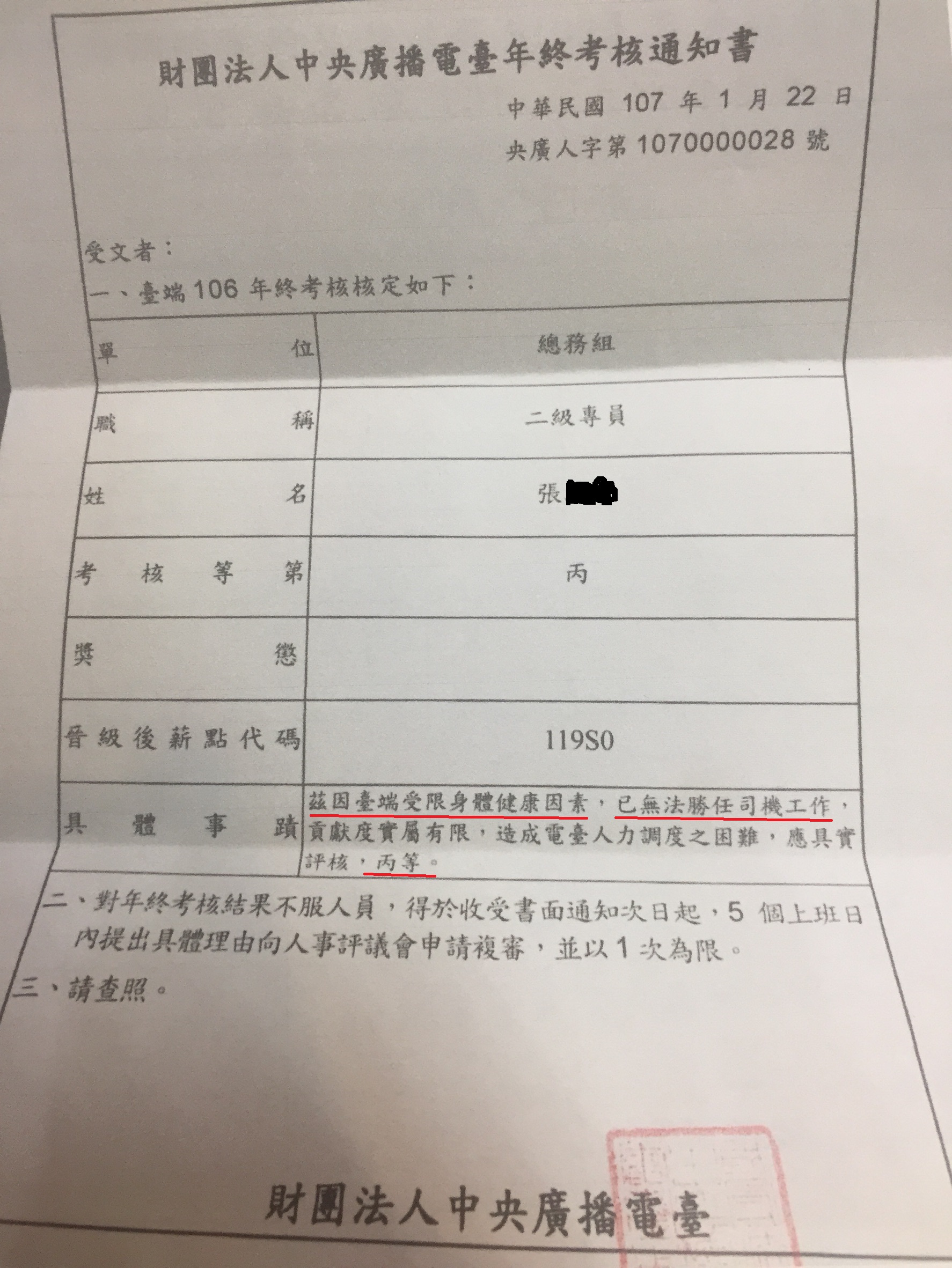 張姓職員領有重度身障手冊,去年考績卻遭以健康為由打丙,遭質疑歧視身障。