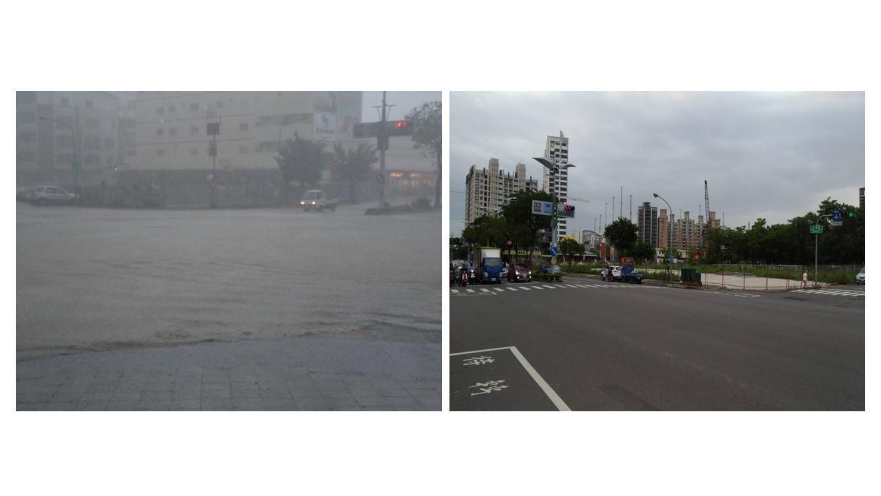 圖左為99年凡那比颱風澄清路淹水情形;圖右為日前拍攝,寶業里滯洪池旁澄清路已無明顯積淹水情形。