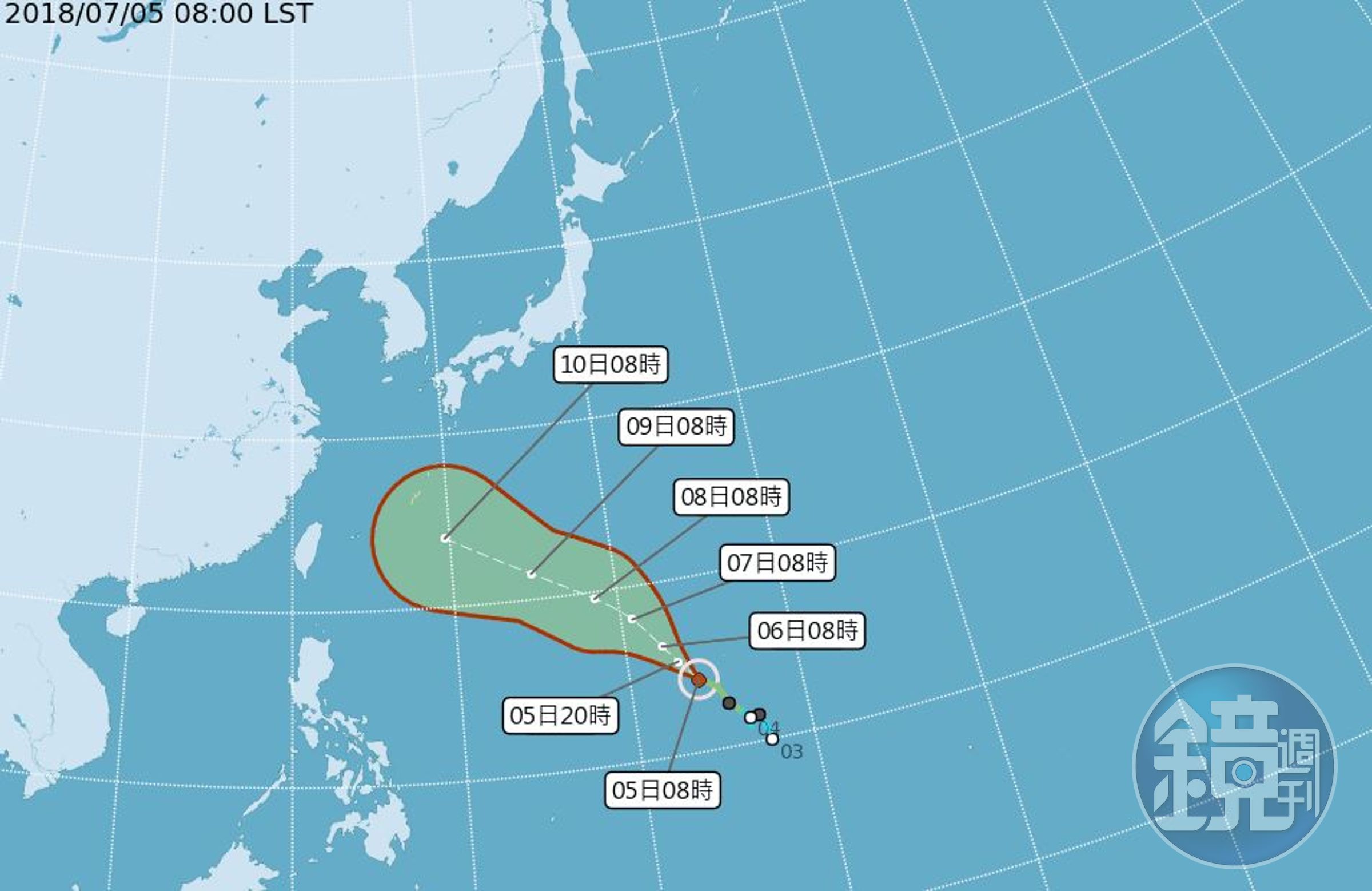 輕颱瑪莉亞昨晚8點形成，持續向西北前進再轉西北西，是否影響台灣仍待觀察。（翻攝自中央氣象局網站）