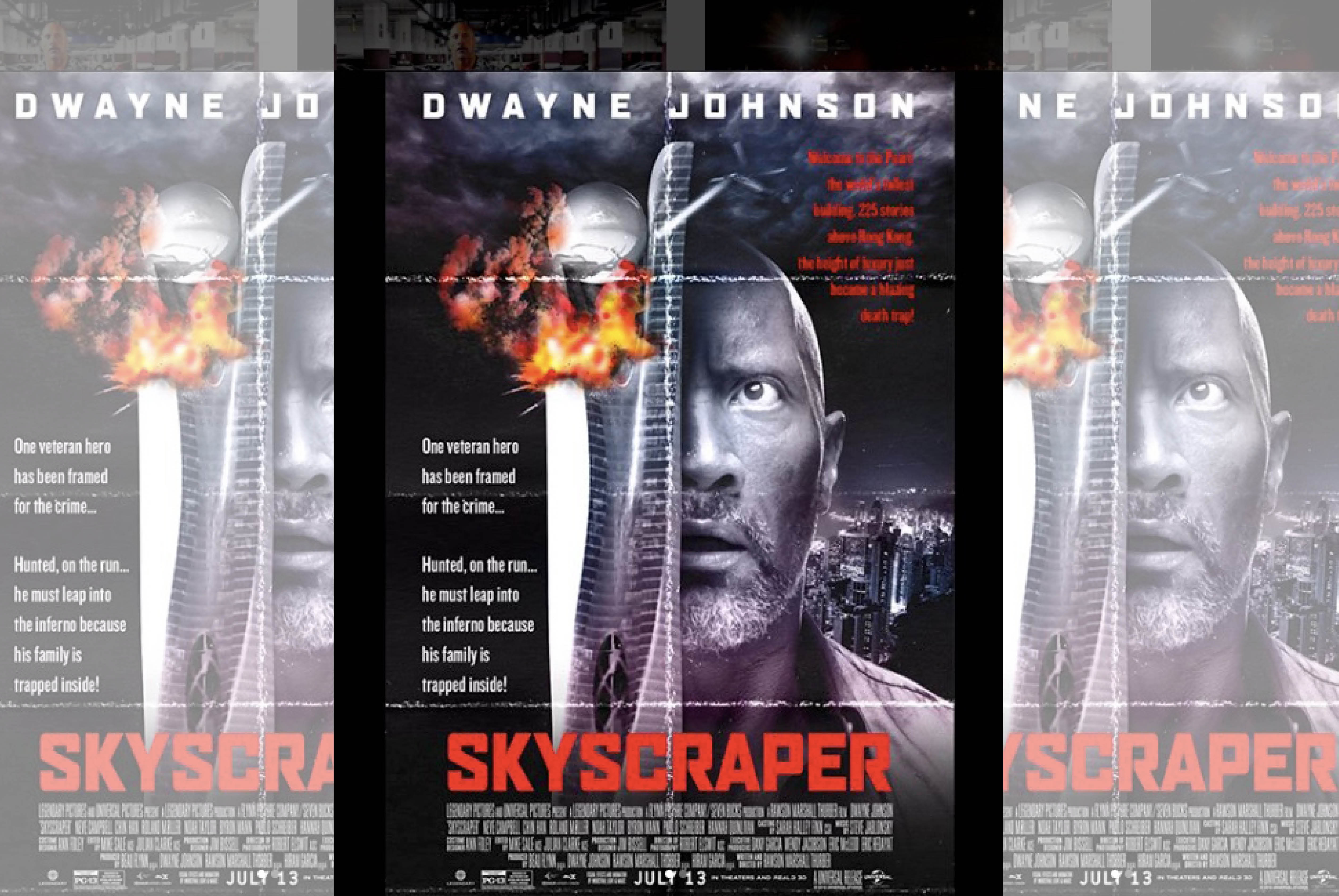 巨石強森曾說，《摩天大樓》是向《終極警探》致敬的作品，還合成了這款《終極警探》致敬的復古風海報。（翻攝自Instagram）