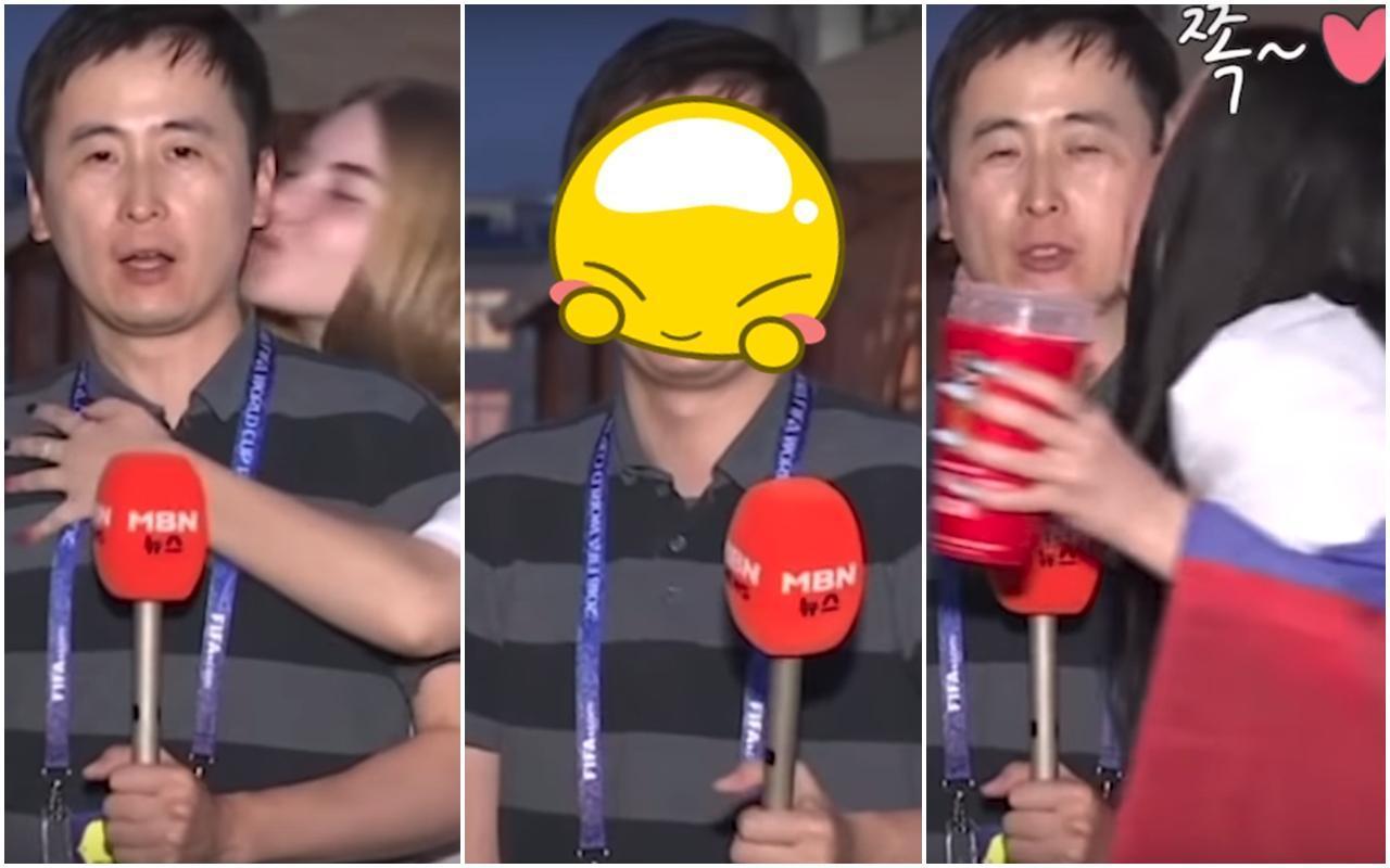 男記者全光烈與棚內進行連線中,突然遭2名俄羅斯女子接連狂吻。(翻攝自YouTube)