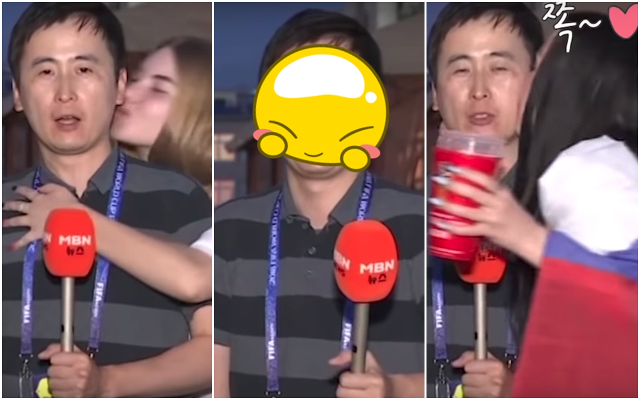 男記者全光烈與棚內進行連線中，突然遭2名俄羅斯女子接連狂吻。（翻攝自YouTube）