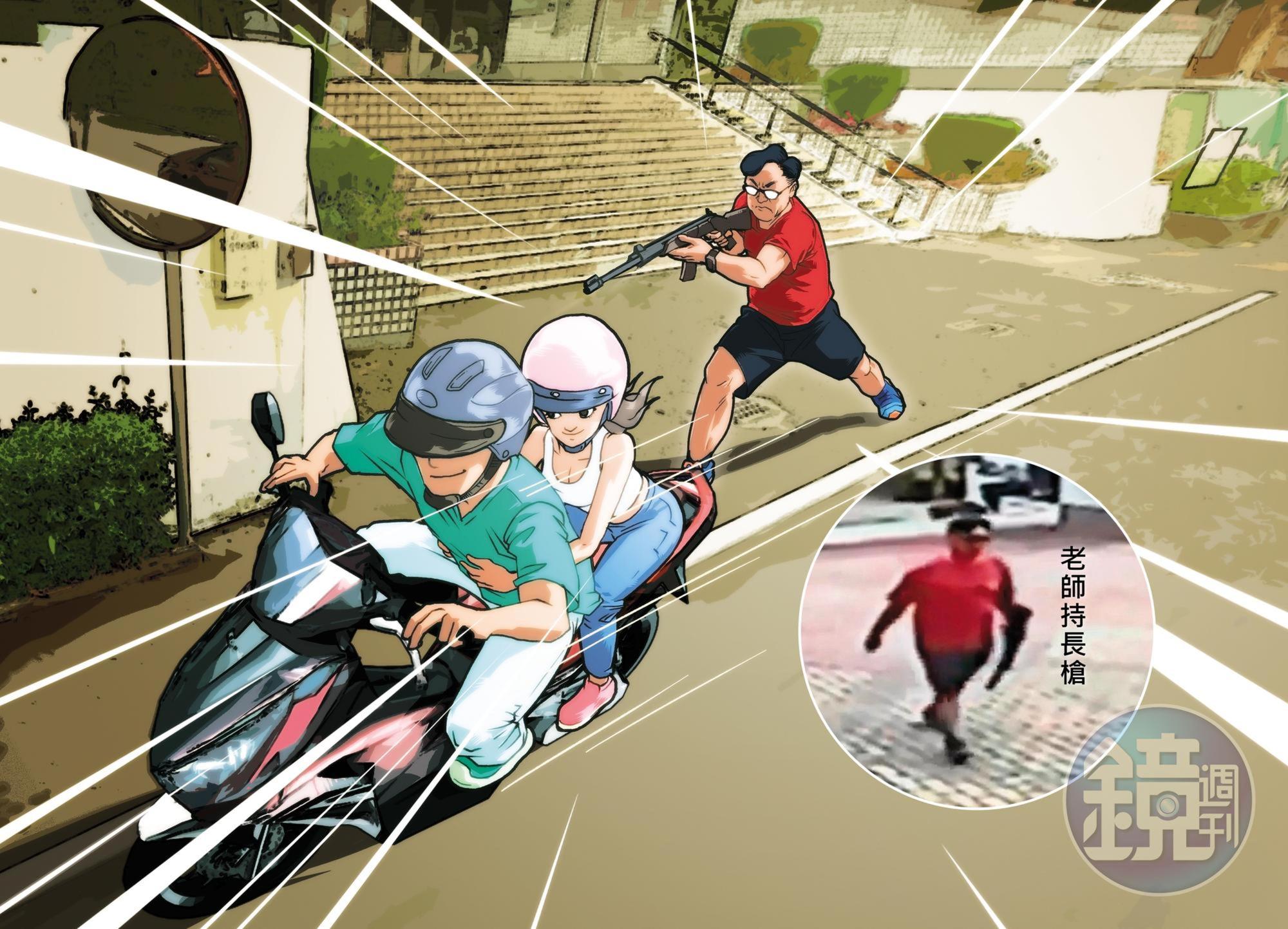 山上國中教導主任江宇倫遭爆5月下旬持長槍作勢瞄準中輟生，整個過程被學校監視器拍下。
