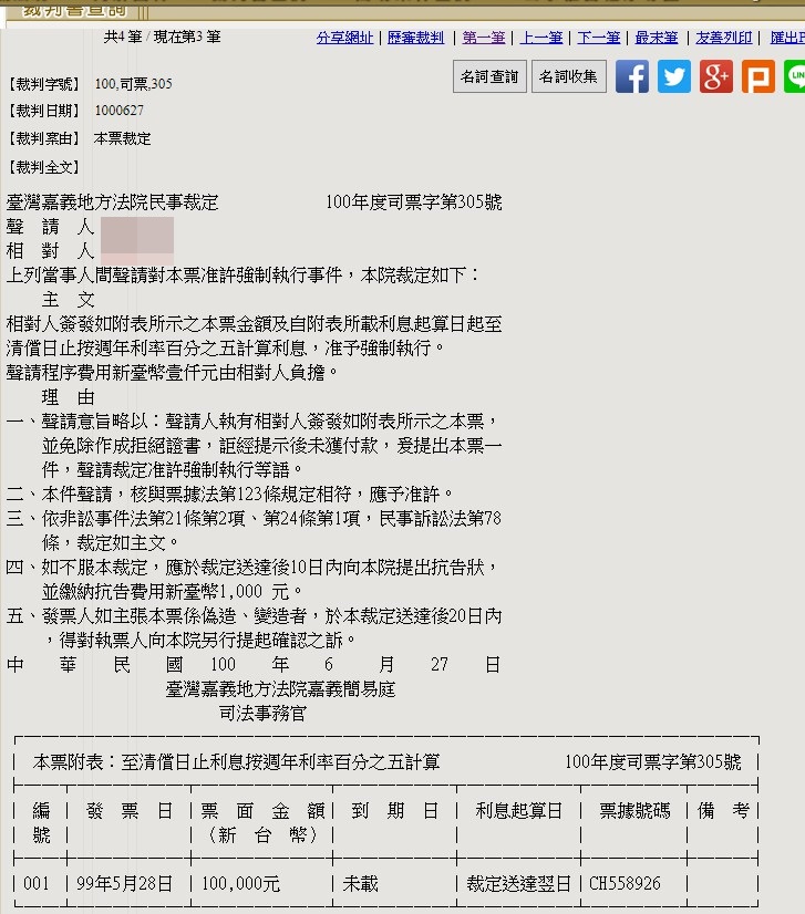 根據「司法院法學資料檢索系統」查詢發現,與H女有關、目前正在支付命令訴訟期間的案件至少仍有4起。(翻攝畫面)