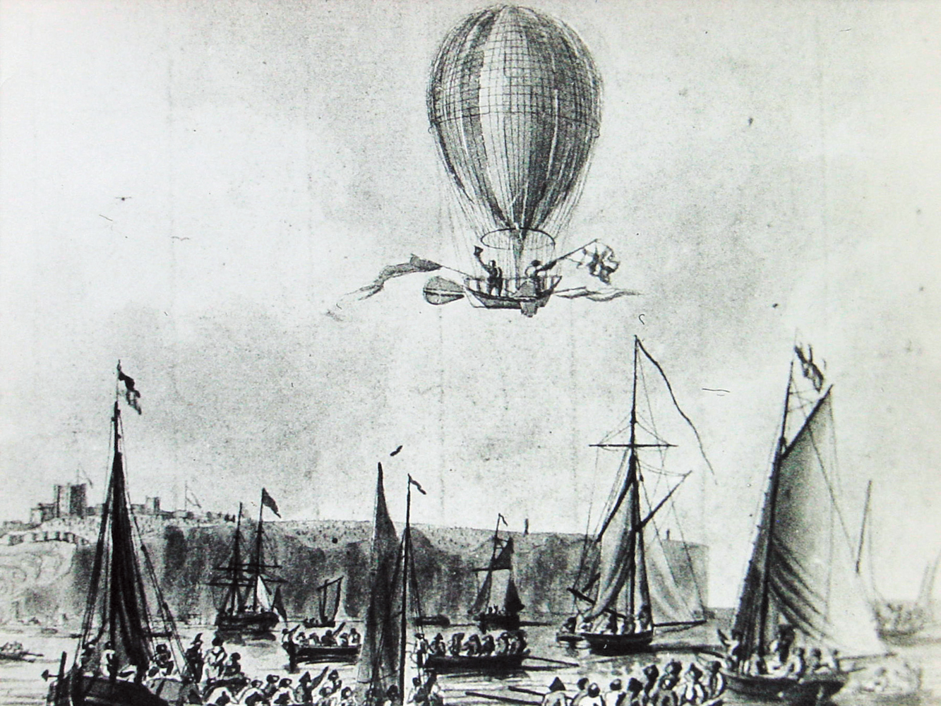 布蘭切特與美國醫生John Jeffries，二人於1785年1月7日搭乘氣球飛越英吉利海峽，其情景被繪製成畫。