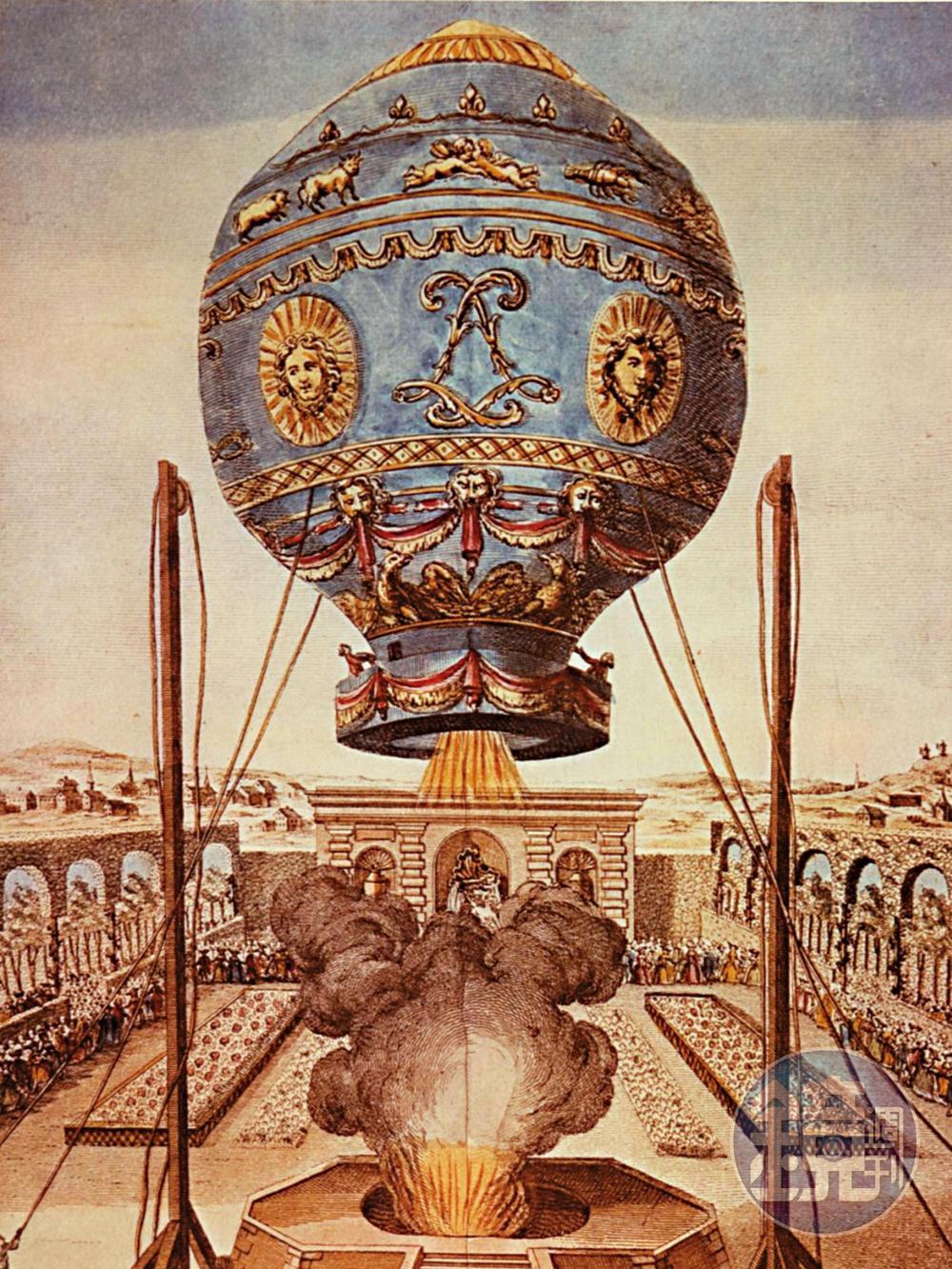 這幅畫描述了1783年9月19日，孟格菲兄弟在進行熱氣球飛行實驗的情景。