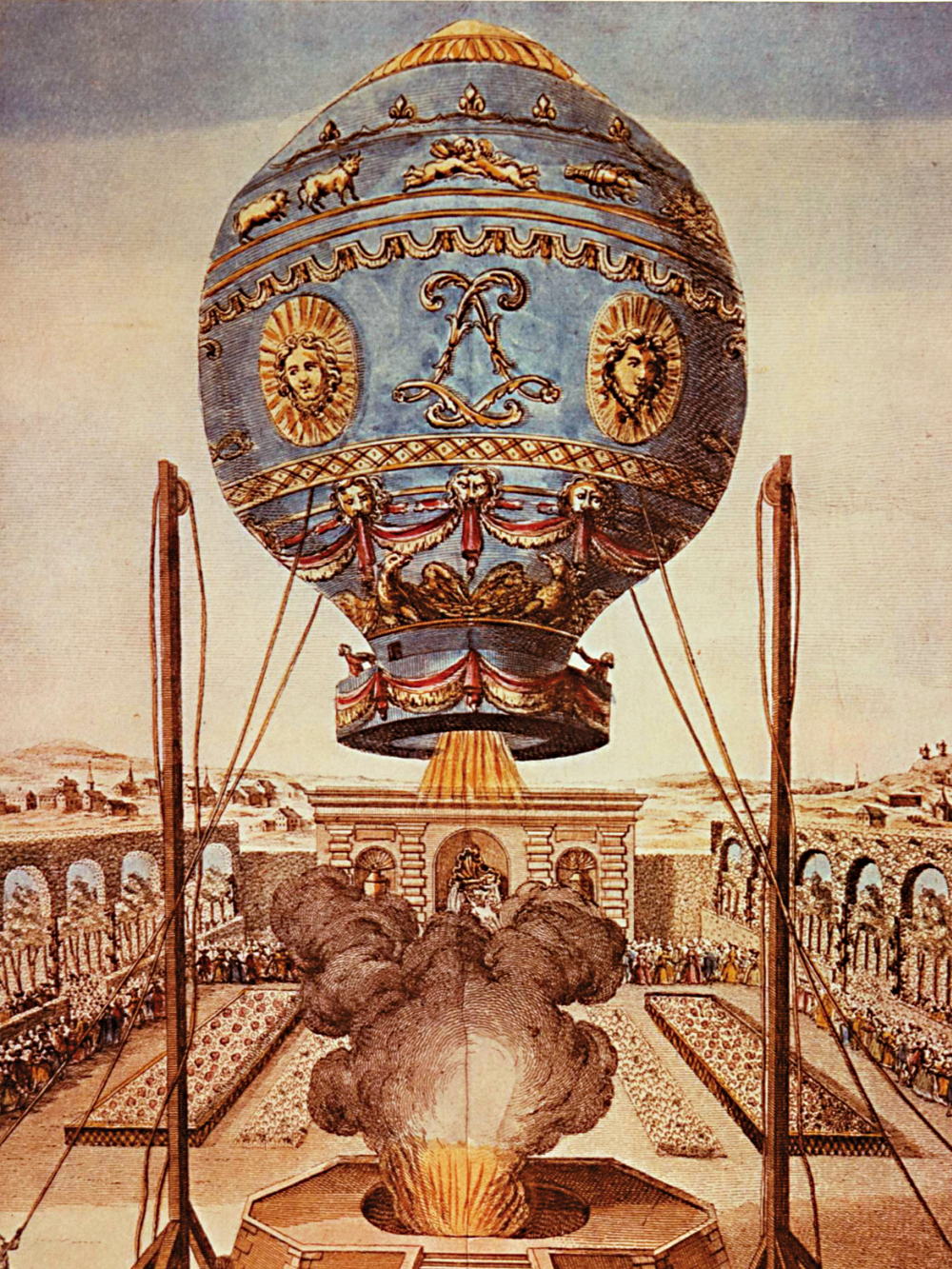 這幅畫描述了1783年9月19日，孟格菲兄弟在進行熱氣球飛行實驗的情景。