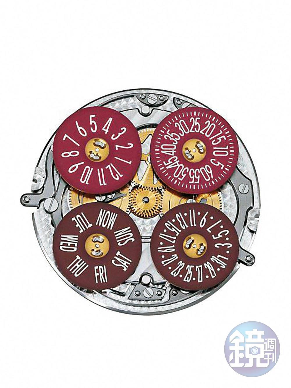 此系列錶款都採用2460 G4/1機芯的傳動機構和轉盤。4個不同的數字盤，分別顯示小時、分鐘、星期和日期，透過鏤空琺瑯工藝的透視效果，還可以欣賞到部分機芯的運作。