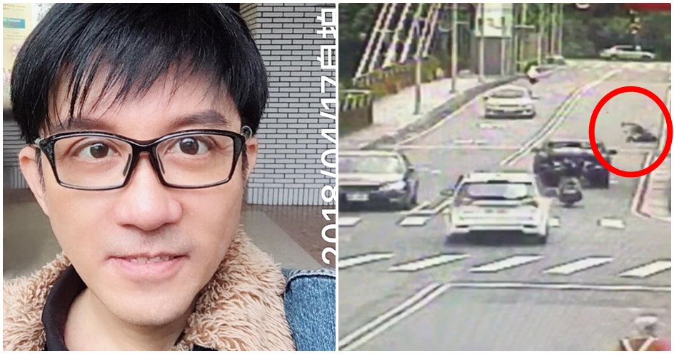 江明學11日在深坑發生車禍，縫了約100針。他稱自己被車撞，監視器卻拍到他自摔。（翻攝畫面）