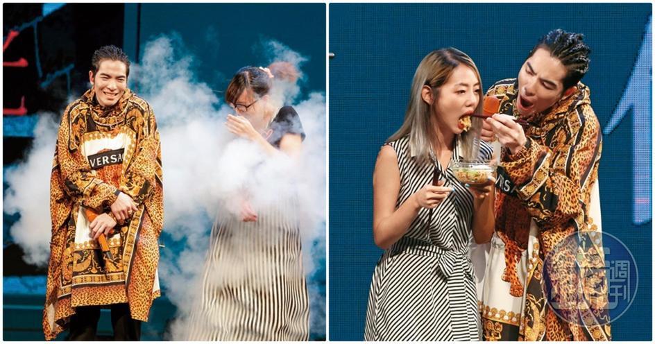 蕭敬騰看著有人被噴,自己的表情也跟著不知是心疼,還是感同身受;當餵食粉絲時,蕭敬騰自己嘴巴也張得超開在吃空氣,看他「啊~」得十分用心跟入戲。
