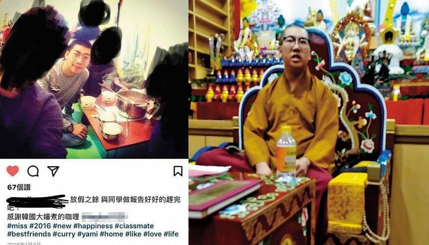 演勝(右)被拍到上身穿北傳佛教短褂,下身卻穿藏傳佛教僧裙。(讀者提供)