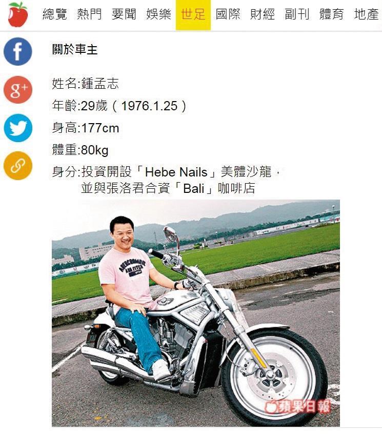 鍾孟志愛騎重機,曾為此登上媒體。(翻攝自《蘋果日報》)