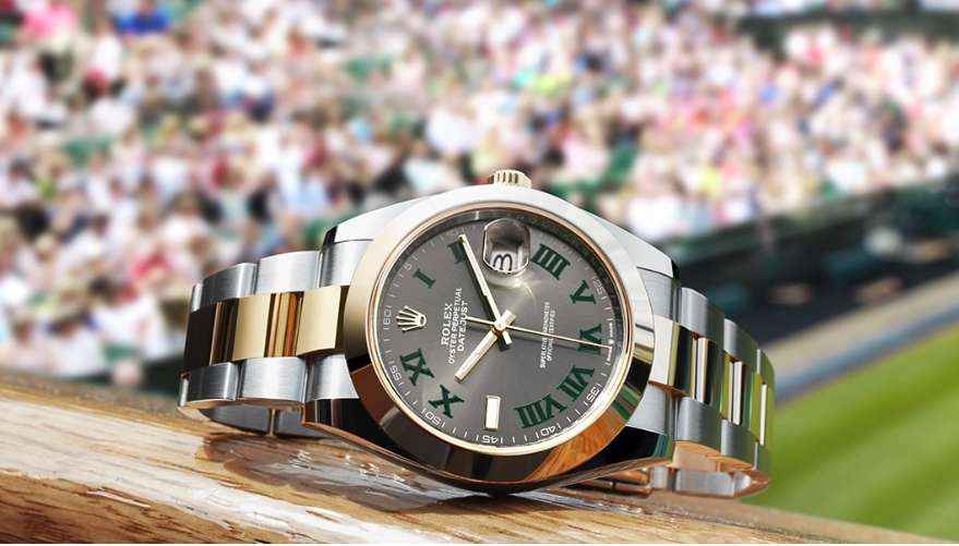 勞力士已連績第二年以這款Datejust 41型號126303半金錶款做為溫網的主打款,除了面盤上的綠色勾邊傳達溫網特色,其羅馬數字也許溫網中央球場上的勞力士大鐘做呼應。售價約NT$375,500。(勞力士提供)