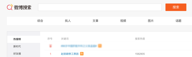 「趙麗穎停工原因」登上了微博熱搜榜第一。（翻攝自新浪娛樂微博）