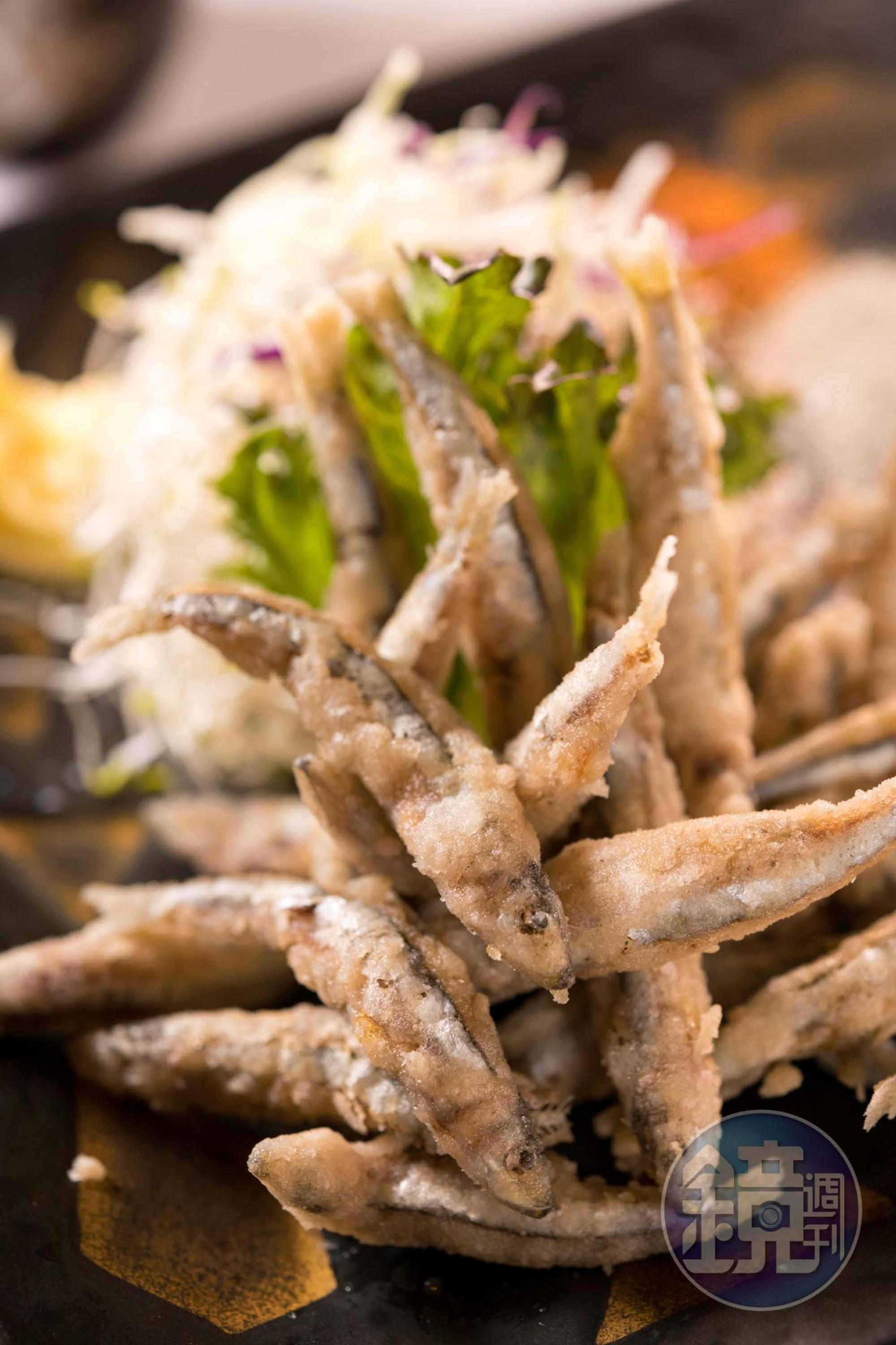未經冷凍的「酥炸現流丁香魚」嫩甜中藏著內臟回甘的苦韻。(150元/份)
