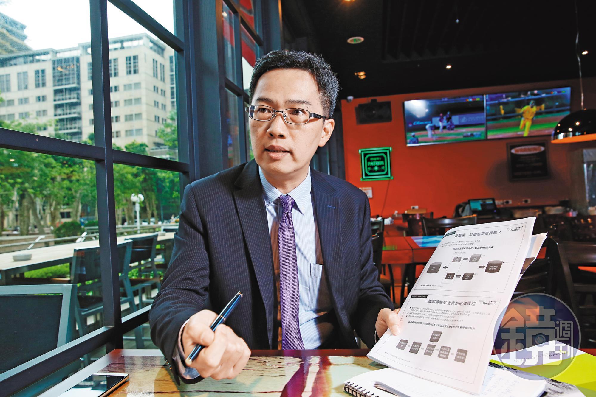 鉅亨基金交易平台策略長張榮仁提出「金三角戰術」，以股債平衡型基金為主，再搭配高收益債基金和新興市場債基金。